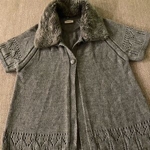 Elegant crochet Gray Cardigan with Faux Fur Collar . Fur collar is removable .
